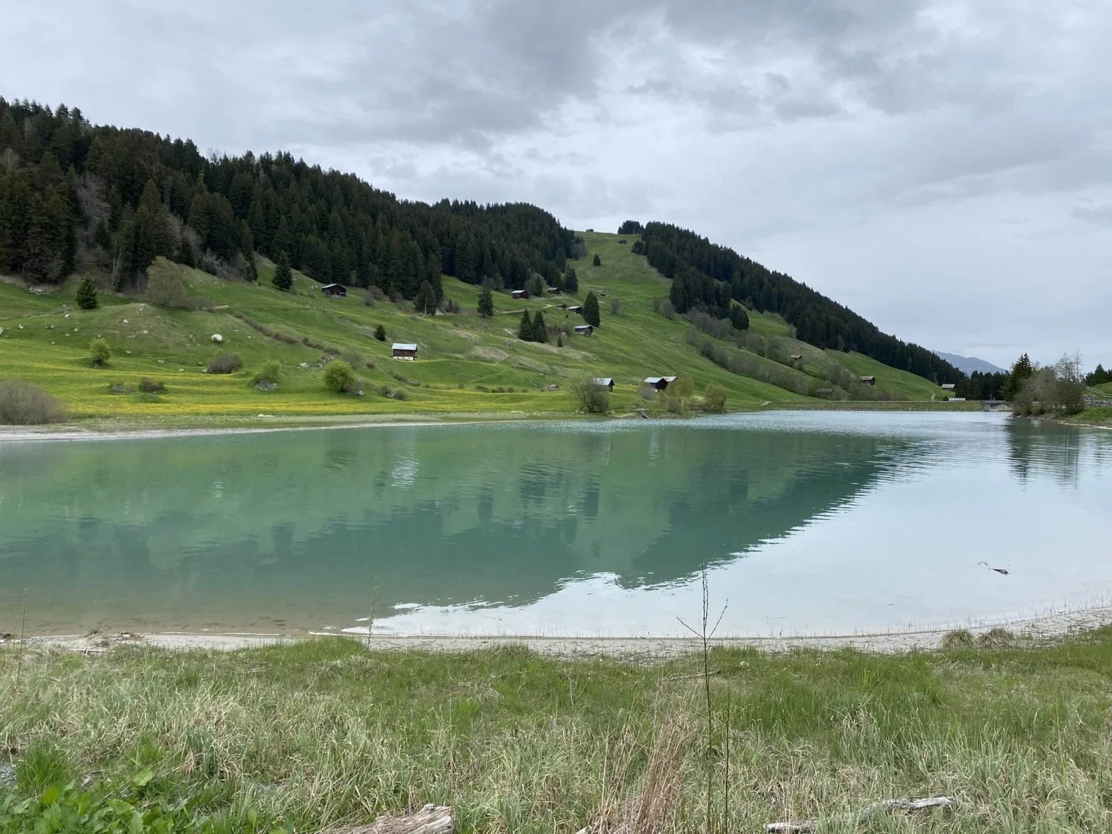 Still liegender Bergsee vor einem grünen Hang mit verstreuten Alphütten und dichtem Nadelwald unter grauem Himmel.