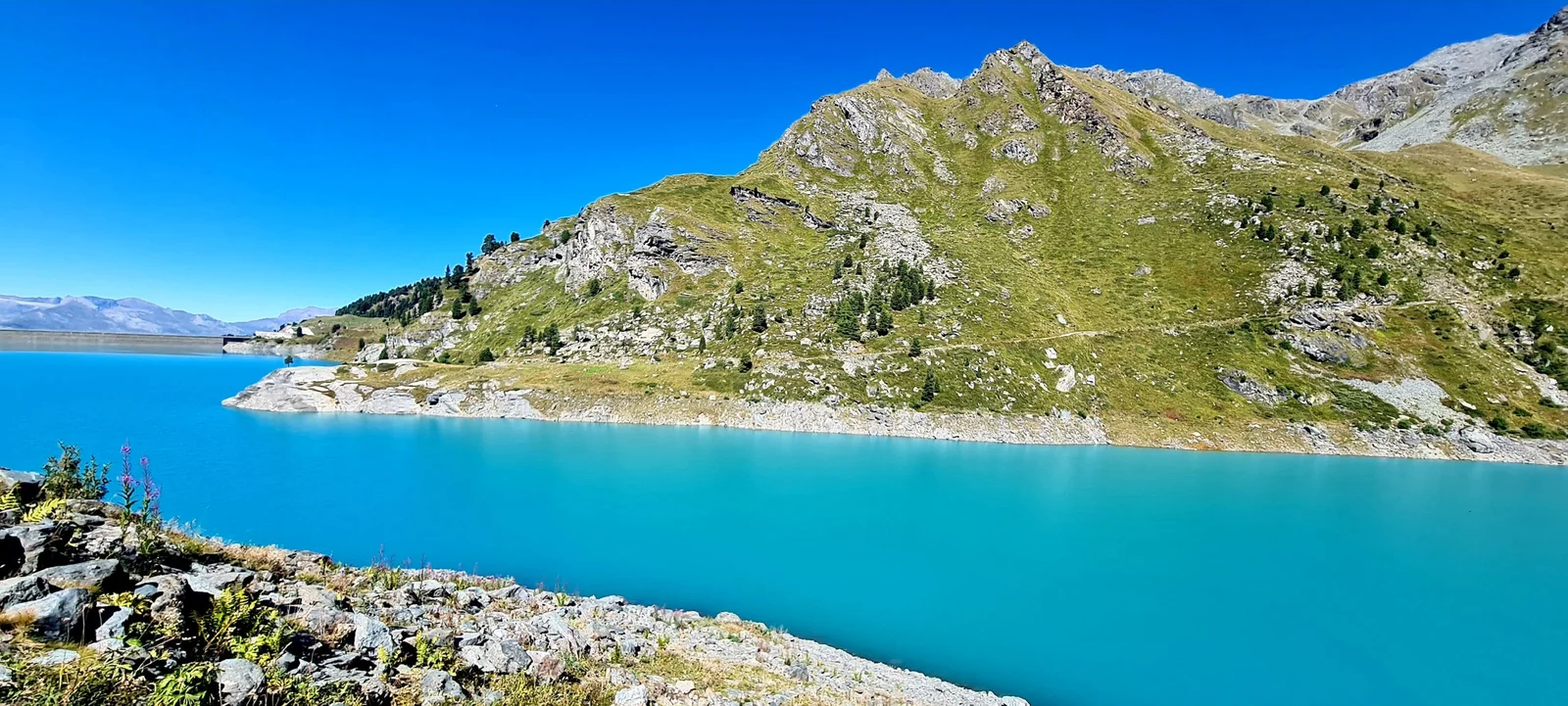 Der Lac de Cleuson mit seinem intensiv türkisblauen Wasser, umgeben von steinigen Uferbereichen und grünen, felsigen Berghängen unter einem wolkenlosen, tiefblauen Himmel.