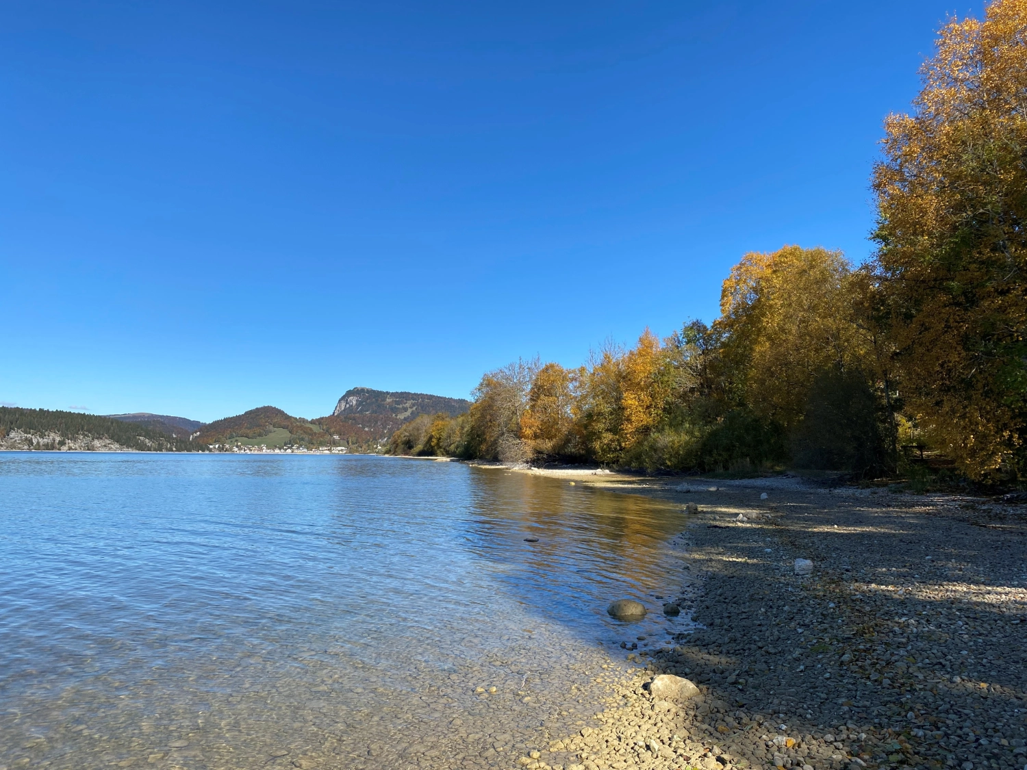 Klares Wasser am Lac de Joux Ufer mit Herbstbäumen und Bergen unter blauem Himmel.