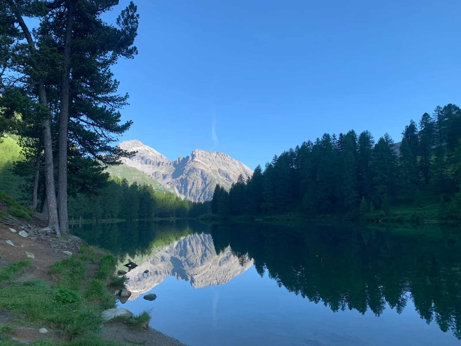 Bergsee mit perfekter Spiegelung der umliegenden Berge und Wälder, klares Wasser und blauer Himmel.