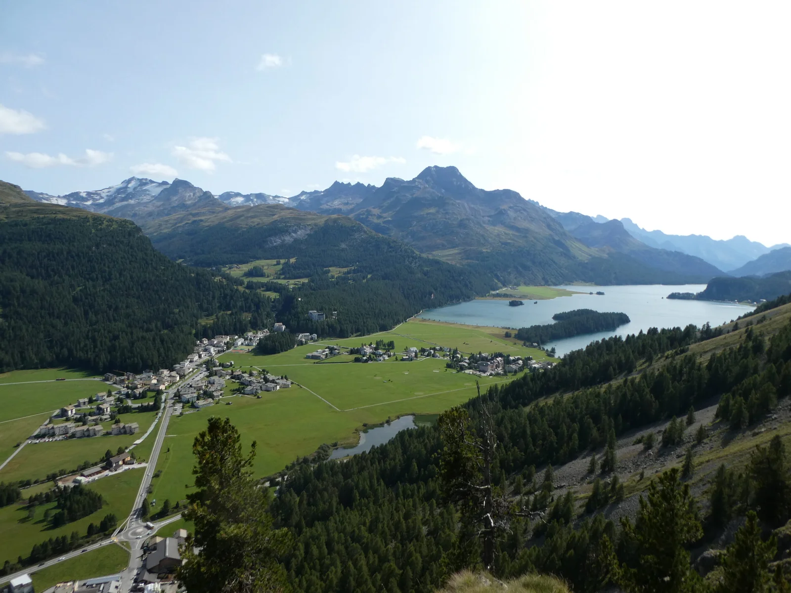Silsersee Panorama mit Bergen, See und grüner Landschaft. Malerische Aussicht.